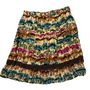 Jaclyn Smith Womens Large Abstract Ikat Print Midi Skirt Rayon Crochet Trim Boho